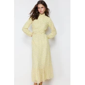 Trendyol Yellow Floral High Neck Waist Detailed Lined Chiffon Woven Dress