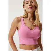 Happiness Istanbul Womens Pink Strap Crop Knitted Blouse