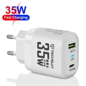 Stenski 35W polnilec Techsuit CHPD174 GaN, USB QC3.0, USB-C PD - bel