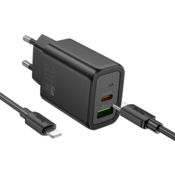 Hoco polnilec N61 GaN PD 20W USB-A, Type C s kablom Type C na Lightning - črn