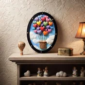 WallXpert drveni zidni ukras ALQ126-M, balon od šarenih srca iznad oblaka, 33 x 43 cm
