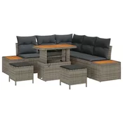 Set od 8 komada Vrtne Sofe s Jastucima Sivi Poly Rattan Akacija Set od 3 komada Vrtne Trpeze s Jastucima Sivi Poly Rattan Akaci