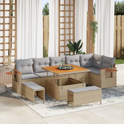 9 Komadna Vrtna Sofa Set s Jastučićima Bež Poly Rattan Acacia 3 Komadni Vrtni Set za Jelo s Jastučićima Bež Poly Rattan Acacia