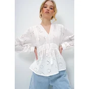 Trend Alacati Stili Ženska bluza dugih rukava Alc-X13422, V-izrez, Bela