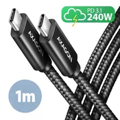 AXAGON podatkovni in polnilni kabel CHARGE USB-C do USB-C / USB-C / USB2.0 / 5A / PD 3.1 240W / pleten / 1m / črn
