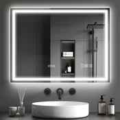 HOMCOM Stensko ogledalo z LED lučjo in Bluetooth zvočnikom 80x60 cm, 3 barve, kopalniško ogledalo z nastavljivo svetlostjo, funkcija spomin, antizameglitev, tipkalni stikali, srebrna