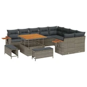 12-dijelni vrtni sofa set s jastučićima siva Poly rattan akacija Vrtna garnitura - 3-dijelni vrtni blagovaonski set s jastučići
