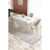 Hanah Home trpezarijski set Elf, sto na razvlacenje i 4 stolice, bela ploca, noge u prirodnoj boji drveta, krem tkanina Babyface