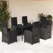 Greatstore Vrtna jedilna garnitura 7-delna z blazinami črna poli ratan