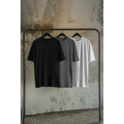 Trendyol Black-Anthracite-Ecru Oversize 3-Pack Basic 100% Cotton T-Shirt