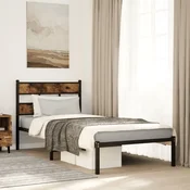 shumee vidaXL Kovinski posteljni okvir brez vzmetnice dimljen hrast 100x200 cm