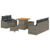 Set od 8 dijelova vrtne sofe s jastučićima Siva Poly Rattan Akacija Dvosjedna vrtna sofa s jastučićima Siva Poly Rattan Set od