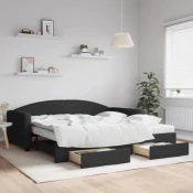 Greatstore Izvlečna dnevna postelja s predali črna 100x200 cm blago