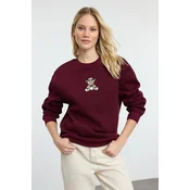 Trendyol Claret Red Relaxed/Comfortable Pattern Embroidered Thick Knitted Sweatshirt