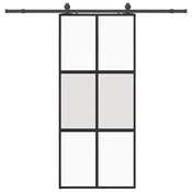 Vidaxl Drsna vrata z opremo črna 90x205 cm kaljeno steklo