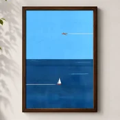 WallXpert uramljena MDF slika 3752KACT-005, avion i jedrilica na plavom moru, minimalisticki motiv, 37 x 52 cm