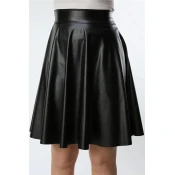 88854 Dewberry Flared Faux Leather Skirt-BLACK