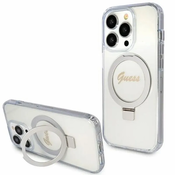 Guess Guess Ring Stand Script Glitter MagSafe - ohišje za iPhone 15 Pro Max (prozorno)