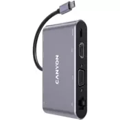 CANYON 8 in 1 USB C hub, with 1*HDMI: 4K*30Hz, 1*VGA, 1*Type-C PD charging port, Max 100W PD input. 3*USB3.0,transfer speed up to 5Gbps. 1*Glgabit Ethernet, 1*3.5mm audio jack, cable 15cm, Aluminum alloy housing,95*55*17.6 mm, 107g, Dark grey