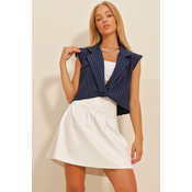 Trend Alaçati Stili Womens Navy Blue Shirt Collar Filet Striped Blouse
