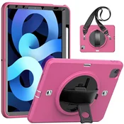Nikcorp Vzdržljiv zaščitni ovitek za iPad 9.7 (6/5 gen) z vrtljivim stojalom, ročajem in ramenskim pasom, roza barve