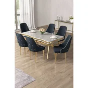 Hanah Home trpezarijski set Vae, sto i 6 stolica, ploca u dekoru belog mermera, zlatne noge, antracit tkanina Babyface