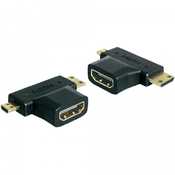 HDMI-adapter, ženski konektorHDMI-A na moški konektor HDMI-C + HDMI-D, črne barve
