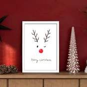 WallXpert uramljena slika 3752CHRCT-018, minimalisticki irvas sa crvenim nosem i natpisom Merry Christmas, 37 x 52 cm, beli ram
