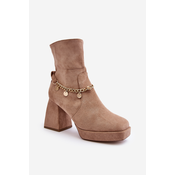 Womens high-heeled ankle boots with chain, beige Tiselo
