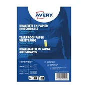 Avery Zweckform identifikacijske zapestnice TYVYW-50 so narejene iz trpežnega Tyvek materiala. Velikost zapestnic je 19 x 256 mm, barva neonsko rumena. Zapestnice so na listih A4 in se jih enostavno loči.