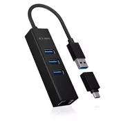 shumee Raidsonic | 4-vratni hub z USB 3.0 tipa A, tipa C, gigabitnim LAN-om | Icy Box IB-HUB1419-LAN