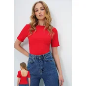 Trend Alacati Stili Ženska bluza kratkih rukava Alc-X13579, Brod izrez, Crvena