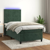Vidaxl Box spring postelja z vzmetnico LED tem. zelena 90x190 cm žamet