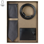 Princ Leather Muški poklon set, Kravata novcanik i kaiš, Crni