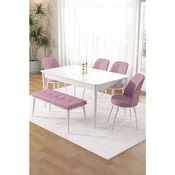 Hanah Home trpezarijski set Pir, sto, 4 stolice i klupa, bela ploca, roze tkanina Babyface