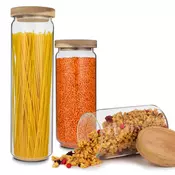 Klarstein Lovage, posode za shranjevanje, 0,75, 1,1, 1,5 l, 3 delni set, borosilikatno steklo, pokrov iz lesa akacije, silikon (-)