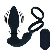 Gardj Europe Silikonski stimulator prostate z dvojnim vibriranjem, daljinskim upravljanjem in vrtljivimi kroglicami ter obročkom za penis in moda – črn