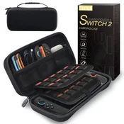 Nikcorp Ovitek Tixlux za Nintendo Switch 2 (2025) igralno konzolo, futerał case z najlonom EVA, zapiranje na velcro, zadrga, 20 iger, Joy-Con izrezi, zaščita zaslona, ročaj, črn, 30 x 14 x 6 cm
