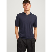 Mens Linen Polo Shirt Dark Blue Jack & Jones Cigor - Mens