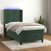 Greatstore Box spring postelja z vzmetnico LED tem. zelena 100x200cm žamet