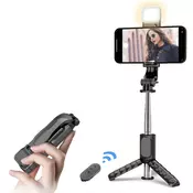 Mini selfie stick Techsuit Q11s s stojalom, BT daljincem, 360° vrtenjem in LED lučko - črn