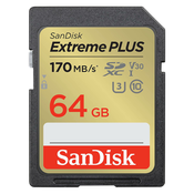 SDXC SANDISK 64GB EXTREME PLUS, 170/80MB/s, UHS-I, C10, U3, V30