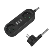 shumee 2-smerni podaljšek, 2x CEE 7/3 + 3x USB-A, tekstilni kabel, črne barve
