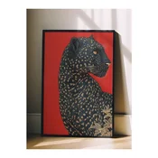 WallXpert uramljena slika 115272, crni leopard na crvenoj pozadini, 50 x 70 cm, crni ram