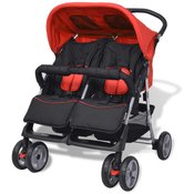 VIDAXL jekleni otroški voziček za dvojčke, rdeč-črn