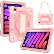 Nikcorp Vzdržljiv zaščitni ovitek za iPad Mini 6 (8,3) z vrtljivim stojalom, ročajem in ramenskim pasom, roza barve