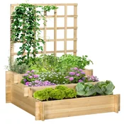 OUTSUNNY Dvignjena vrtna greda za zunanjost s 3 nivoji z rešetko, netkani tekstil, cvetlični lonček z rešetko za plezalne rastline iz jelovega lesa, za balkon, 95x95x110 cm, barva lesa
