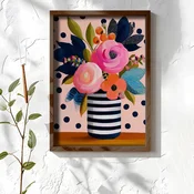 WallXpert uramljena MDF slika NAL021-70, buket ruža u prugastoj vazi na roze pozadini sa tackicama, 50 x 70 cm