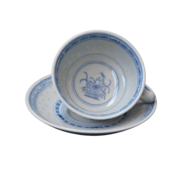 Skodelica za čaj, kavo z krožničkom , set 1/6, rižev porcelan, dekor roža, moder, navadni rob