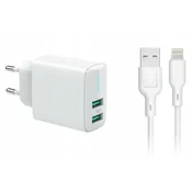 Carcommerce 2x USB stenski polnilnik + kabel za iPhone 3,4 A 230 V LED